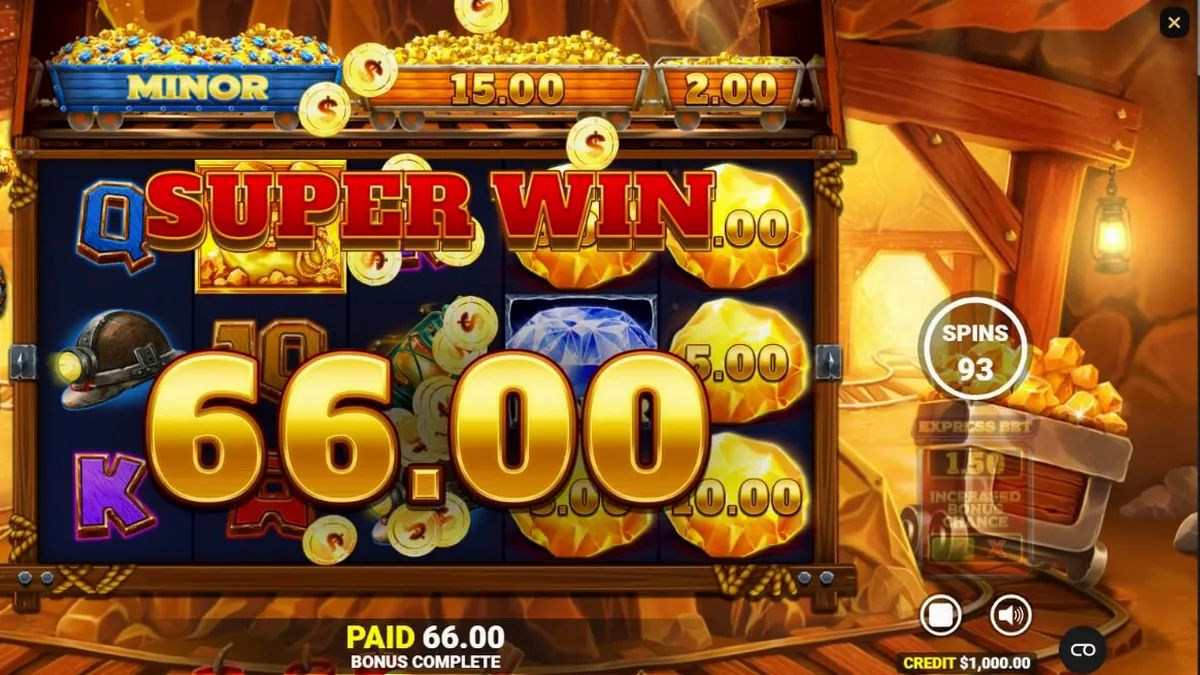 Interface do slot Gold Strike Express com trilhos de trem e símbolos de mineração